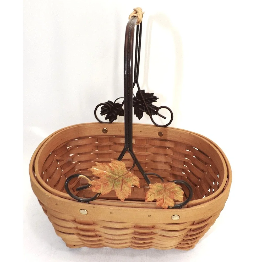Metal & Wicker Maple Leaf Design Handle Egg Fruit Decorative Basket  8 x 6 x 5